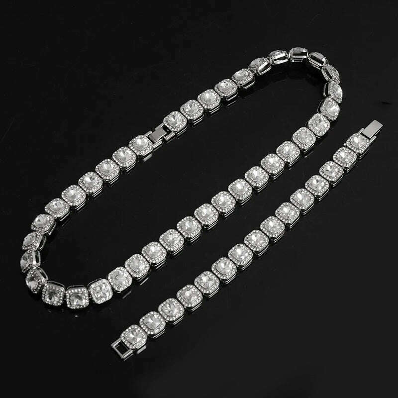 HIP 12MM Prong Tennis Necklace +Baguette Watch+Bracelet Hip Hop Chain Iced Out Bling Paved Rhinestones CZ Bling For Men Jewelry - KIMLUD