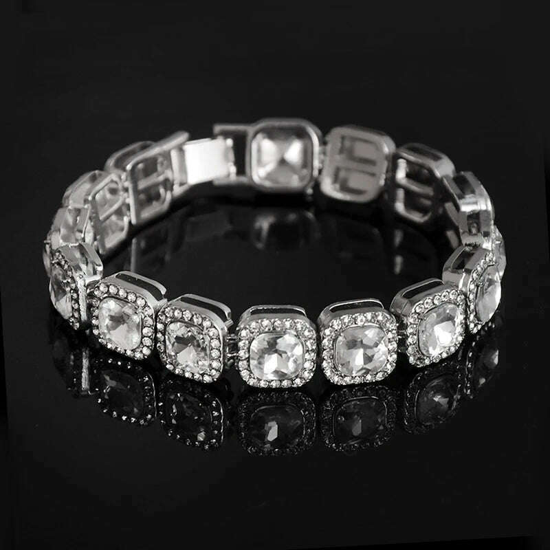 HIP 12MM Prong Tennis Necklace +Baguette Watch+Bracelet Hip Hop Chain Iced Out Bling Paved Rhinestones CZ Bling For Men Jewelry - KIMLUD