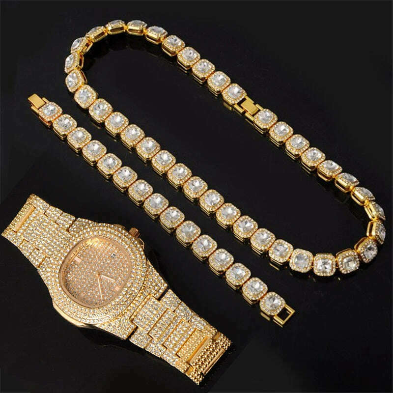 HIP 12MM Prong Tennis Necklace +Baguette Watch+Bracelet Hip Hop Chain Iced Out Bling Paved Rhinestones CZ Bling For Men Jewelry - KIMLUD