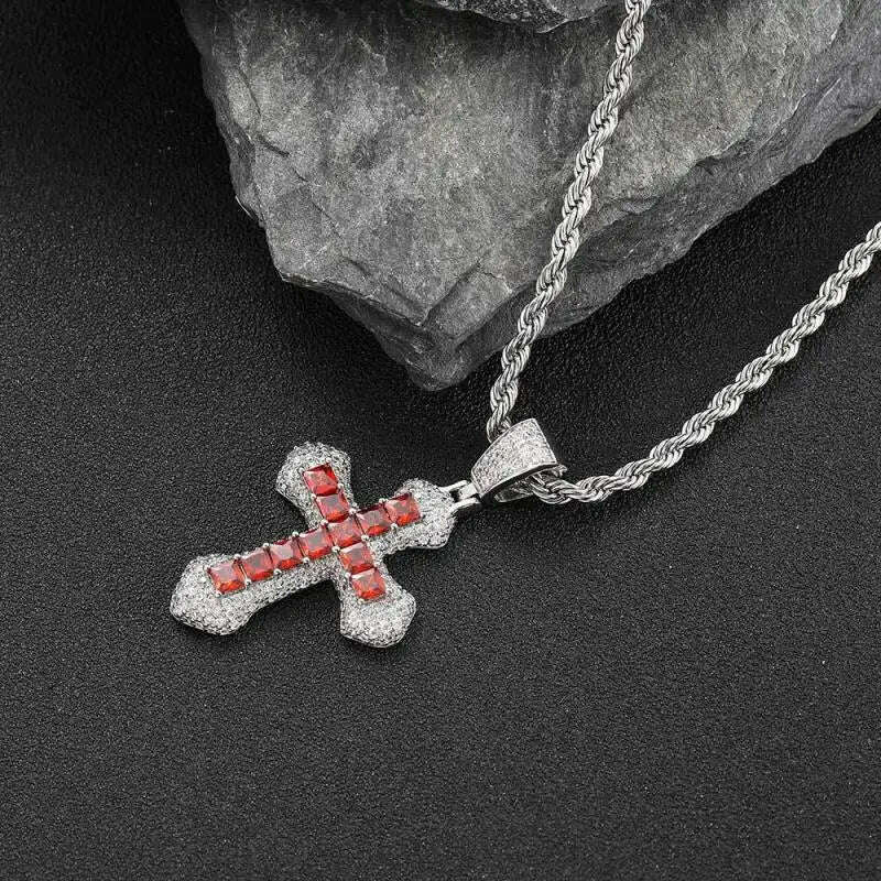 KIMLUD, Hip Hop Bling Ice Cubic Zirconia Cz Pendant Necklace Cross Pendant Men Women Rapper Rock Fashion Jewelry, Red, KIMLUD APPAREL - Womens Clothes
