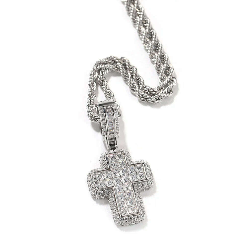 KIMLUD, Hip Hop Iced Out AAA+ Cubic Zirconia Cross Pendant Necklace Rope Stainless Steel Chain on Neck Men Male Punk Rock Jewelry OHP155, OHP155-1 / 60cm, KIMLUD Womens Clothes