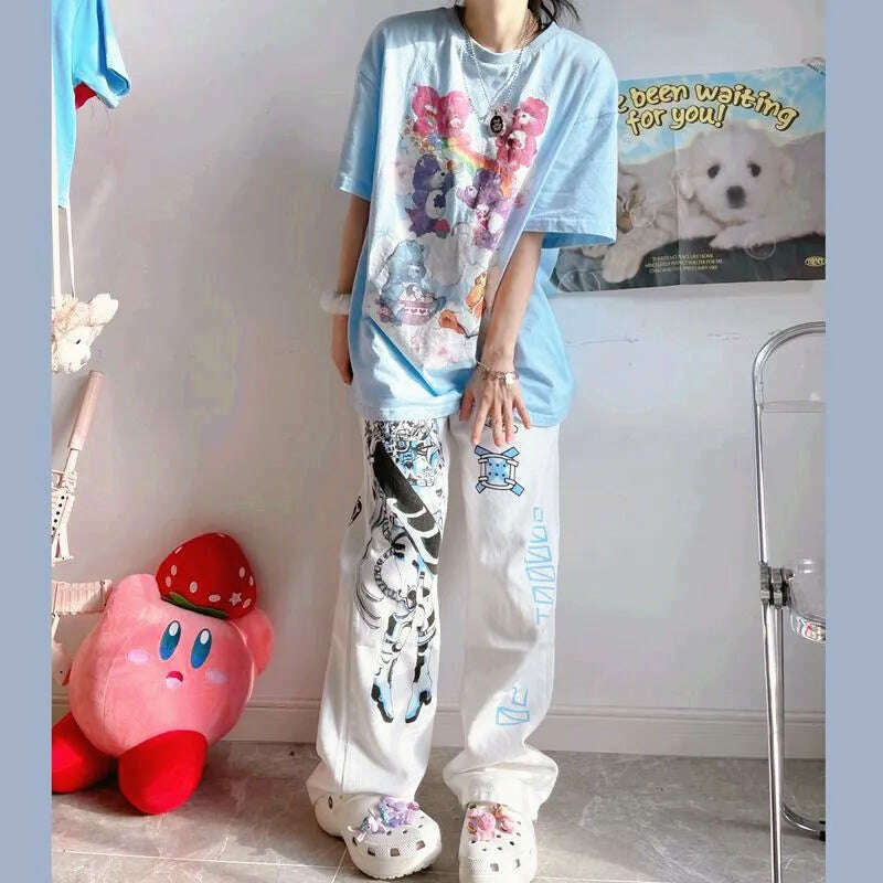 KIMLUD, Hip Hop Women Fashion Kawaii Cute Anime Pants Y2k Wide Leg Pants Streetwear Harajuku Print Loose Casual Cyberpunk Emo Clothes, KIMLUD Womens Clothes