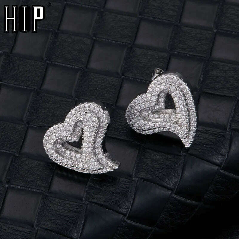 KIMLUD, Hip Micro 1Pair Heart Shape Pave Baguette Cubic Zircon Stone Ice out Stud CZ Earring Bling Copper Earrings For Women Men Jewelry, KIMLUD Womens Clothes