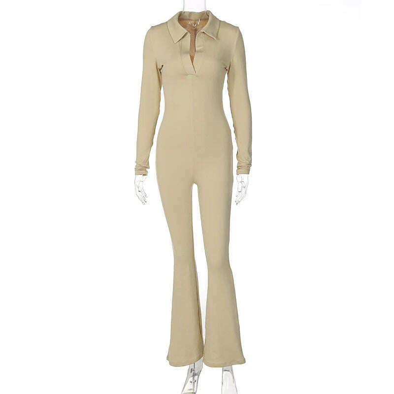 KIMLUD, hirigin 2022 Autumn Winter Women Solid Long Sleeve V Neck Flare Jumpsuit Sexy Streetwear Fitness Casual Sportswear Rompers, Khaki / S, KIMLUD APPAREL - Womens Clothes
