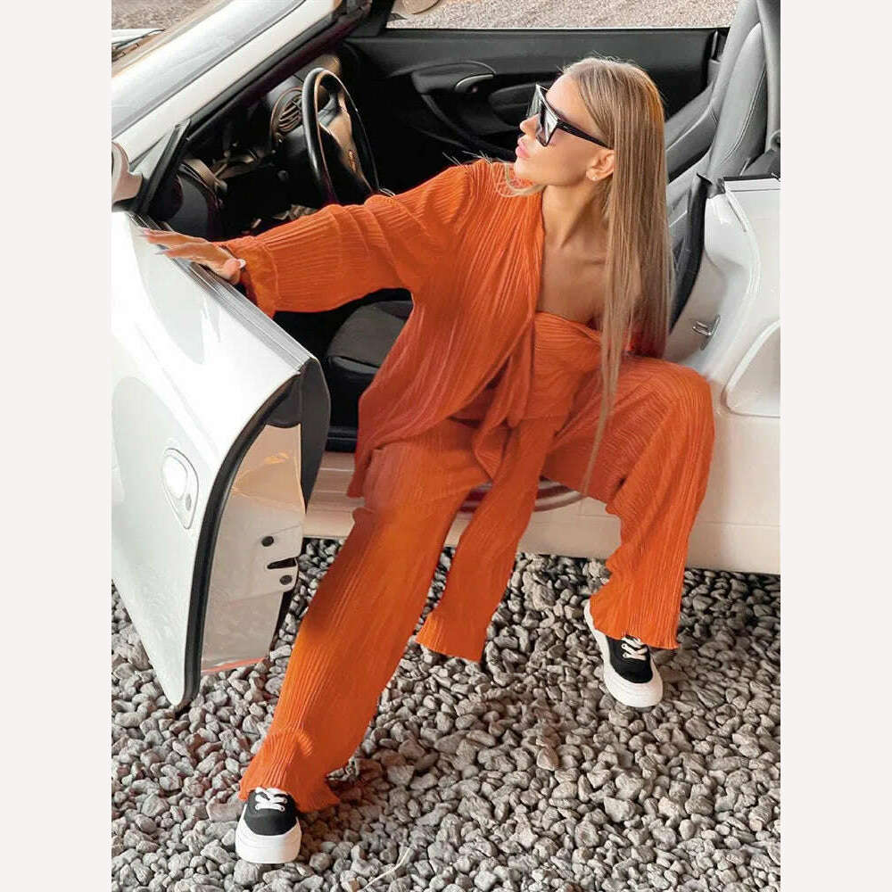 hirigin Pleated Loungewear Set Woman 2 Pieces Summer Long Sleeve Button Shirt Trousers Casual Women's Workout Clothing Outfits - KIMLUD