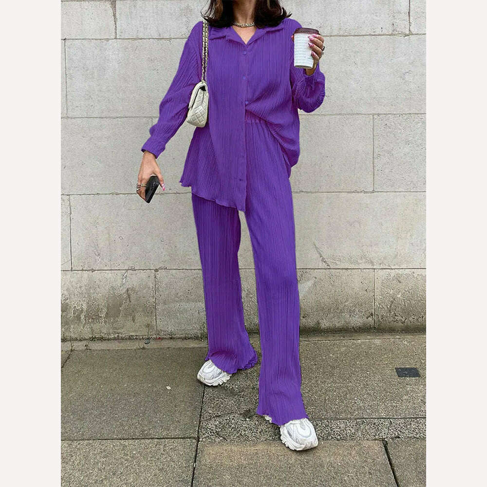 hirigin Pleated Loungewear Set Woman 2 Pieces Summer Long Sleeve Button Shirt Trousers Casual Women's Workout Clothing Outfits - KIMLUD