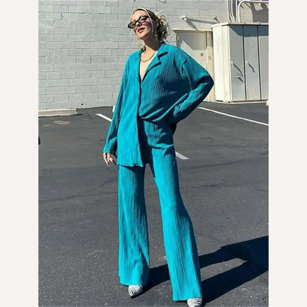 hirigin Pleated Loungewear Set Woman 2 Pieces Summer Long Sleeve Button Shirt Trousers Casual Women's Workout Clothing Outfits - KIMLUD