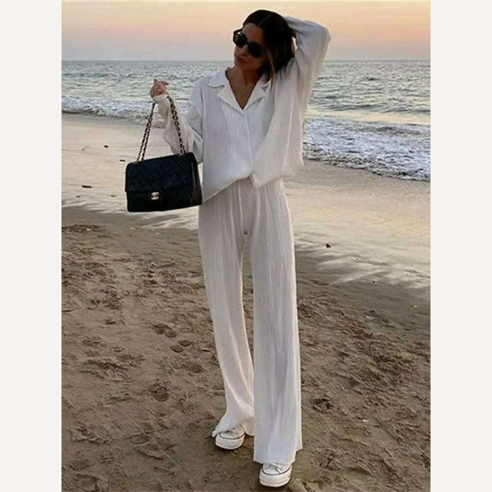 hirigin Pleated Loungewear Set Woman 2 Pieces Summer Long Sleeve Button Shirt Trousers Casual Women's Workout Clothing Outfits - KIMLUD