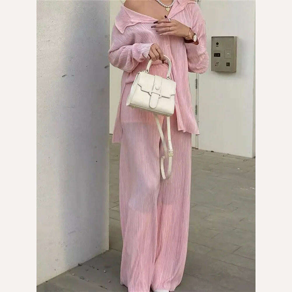 hirigin Pleated Loungewear Set Woman 2 Pieces Summer Long Sleeve Button Shirt Trousers Casual Women's Workout Clothing Outfits - KIMLUD