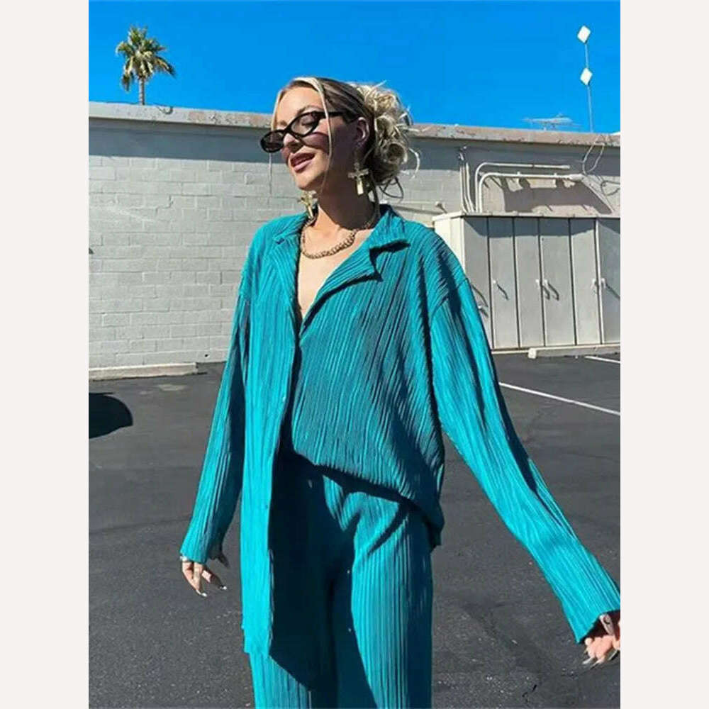 hirigin Pleated Loungewear Set Woman 2 Pieces Summer Long Sleeve Button Shirt Trousers Casual Women's Workout Clothing Outfits - KIMLUD