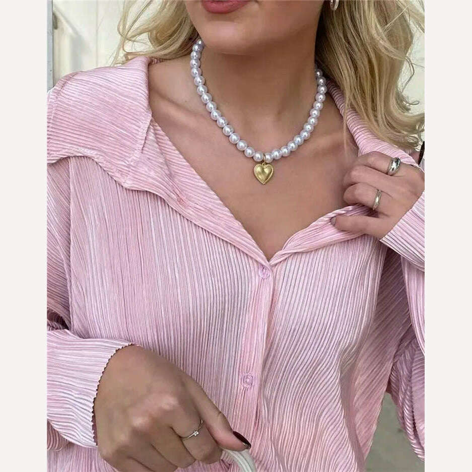 hirigin Pleated Loungewear Set Woman 2 Pieces Summer Long Sleeve Button Shirt Trousers Casual Women's Workout Clothing Outfits - KIMLUD