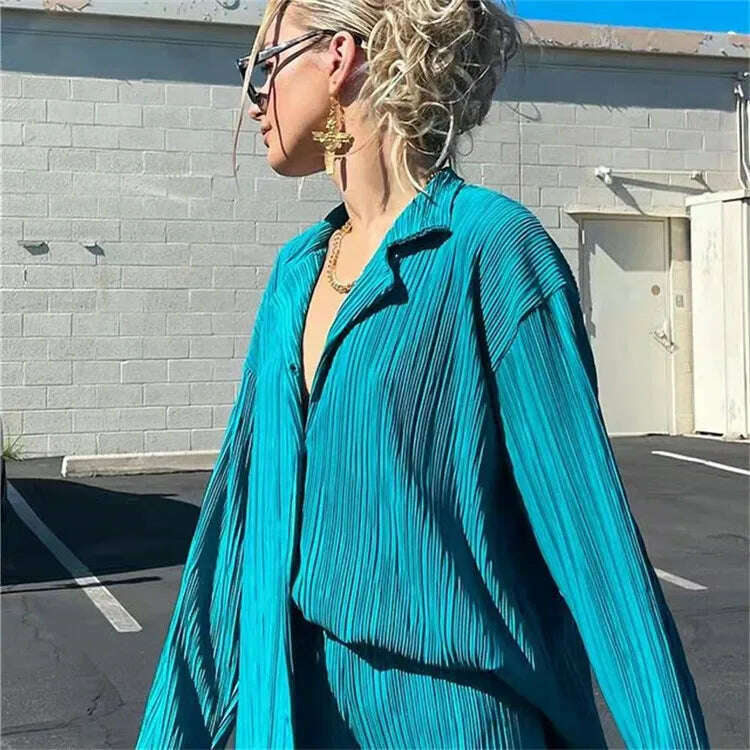 hirigin Pleated Loungewear Set Woman 2 Pieces Summer Long Sleeve Button Shirt Trousers Casual Women's Workout Clothing Outfits - KIMLUD