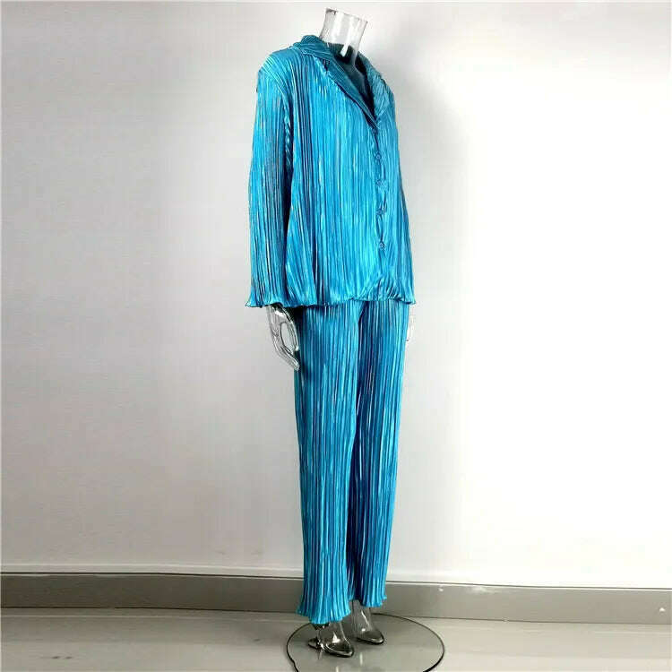 hirigin Pleated Loungewear Set Woman 2 Pieces Summer Long Sleeve Button Shirt Trousers Casual Women's Workout Clothing Outfits - KIMLUD