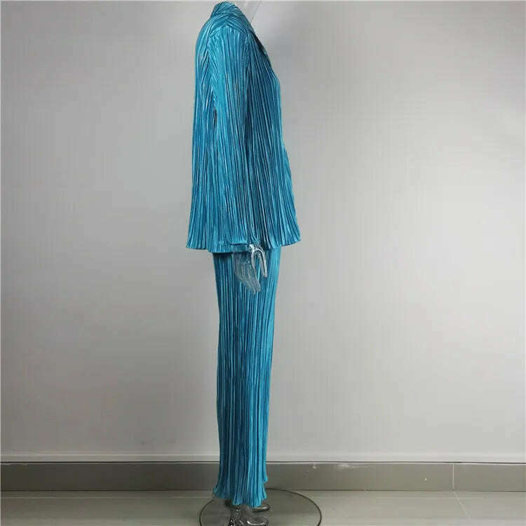 hirigin Pleated Loungewear Set Woman 2 Pieces Summer Long Sleeve Button Shirt Trousers Casual Women's Workout Clothing Outfits - KIMLUD