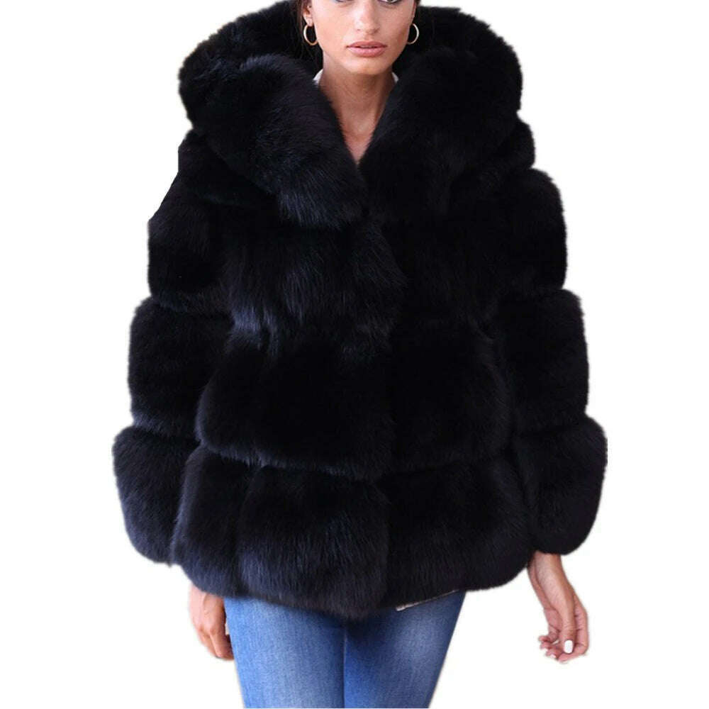 KIMLUD, HJQJLJLS 2021 Winter New Women Elegant Black Faux Fox Fur Coat Hooded Female Thick Warm Fluffy Artificial Fur Coat Fur Jacket, KIMLUD Womens Clothes