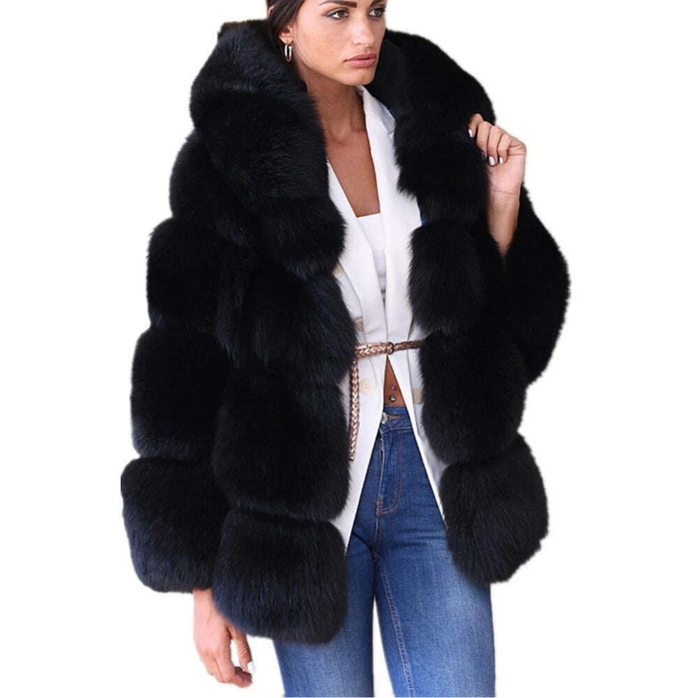KIMLUD, HJQJLJLS 2021 Winter New Women Elegant Black Faux Fox Fur Coat Hooded Female Thick Warm Fluffy Artificial Fur Coat Fur Jacket, KIMLUD Womens Clothes