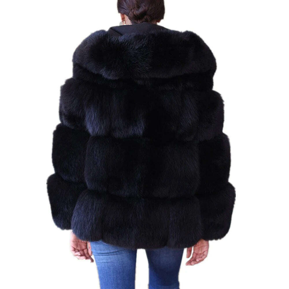 KIMLUD, HJQJLJLS 2021 Winter New Women Elegant Black Faux Fox Fur Coat Hooded Female Thick Warm Fluffy Artificial Fur Coat Fur Jacket, KIMLUD Womens Clothes