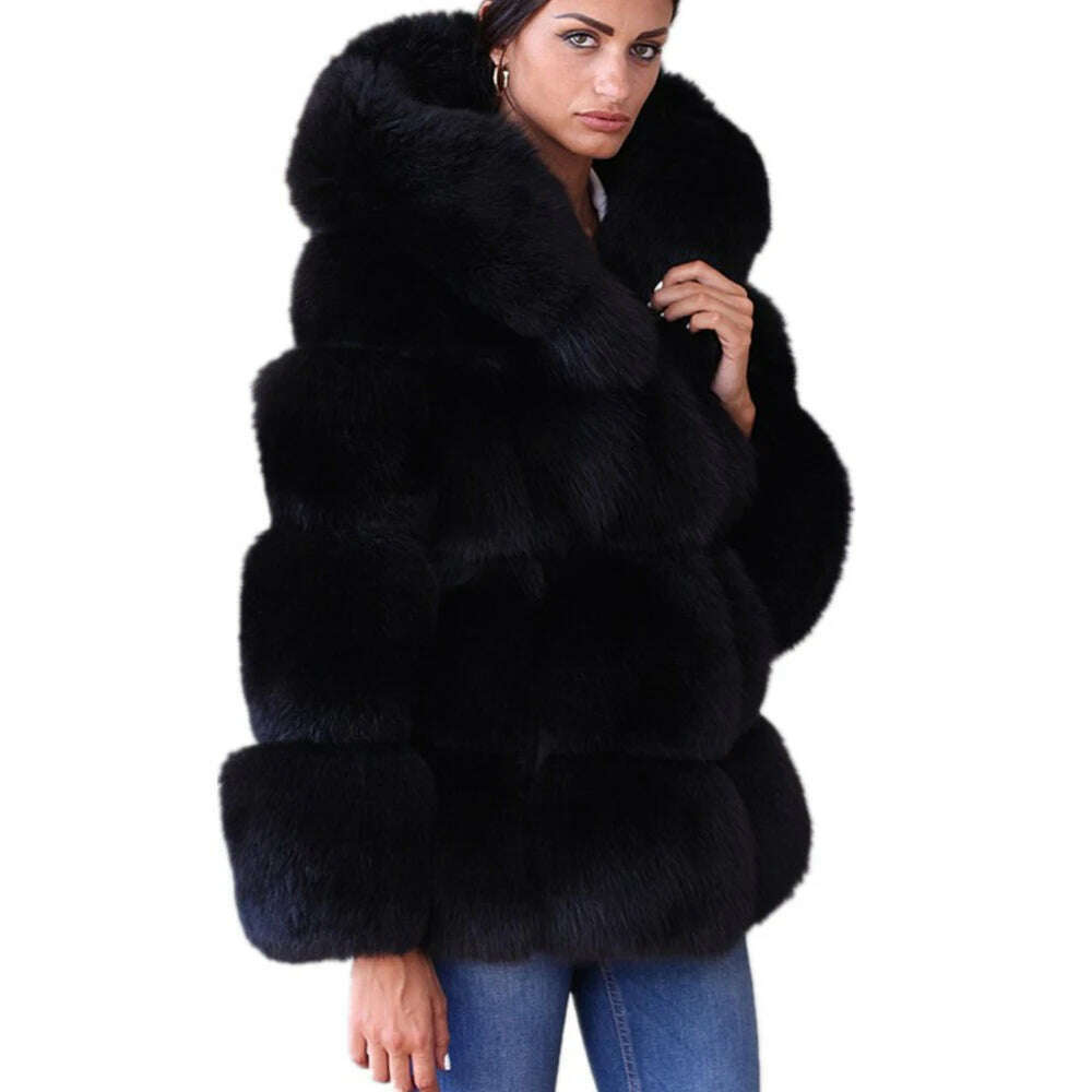 KIMLUD, HJQJLJLS 2021 Winter New Women Elegant Black Faux Fox Fur Coat Hooded Female Thick Warm Fluffy Artificial Fur Coat Fur Jacket, KIMLUD Womens Clothes
