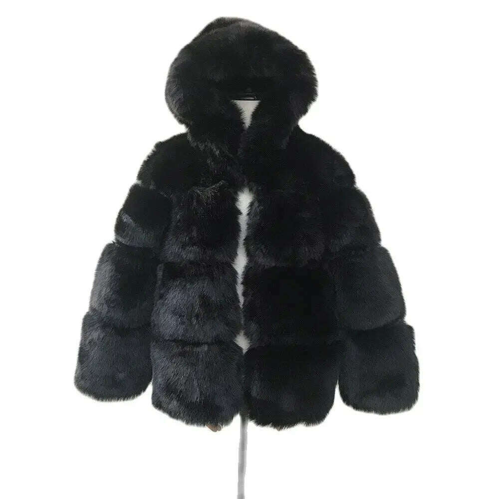 KIMLUD, HJQJLJLS 2021 Winter New Women Elegant Black Faux Fox Fur Coat Hooded Female Thick Warm Fluffy Artificial Fur Coat Fur Jacket, KIMLUD Womens Clothes