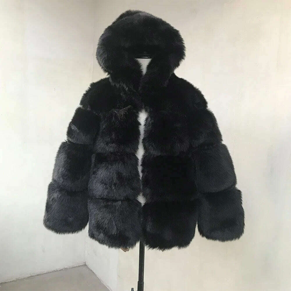 KIMLUD, HJQJLJLS 2021 Winter New Women Elegant Black Faux Fox Fur Coat Hooded Female Thick Warm Fluffy Artificial Fur Coat Fur Jacket, black / XL BUST 100CM, KIMLUD APPAREL - Womens Clothes
