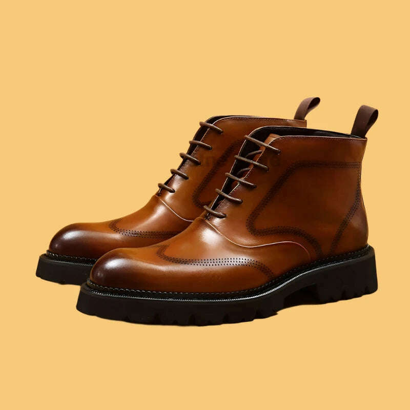 KIMLUD, HKDQ Fashion Men Vintage Boots Genuine Leather Brand Lace Up Men Ankle Boots Black Brown Mens Chelsea Boots For Work, KIMLUD Womens Clothes