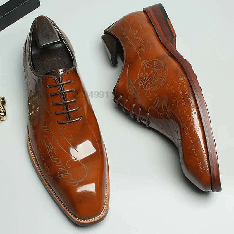 KIMLUD, HNXC Size 46 Mens Oxford Shoe Carving Genuine Calf Leather Luxury Brand Lace Up Business Office Brogue Green Dress Shoe For Men, Khaki / 9.5, KIMLUD APPAREL - Womens Clothes