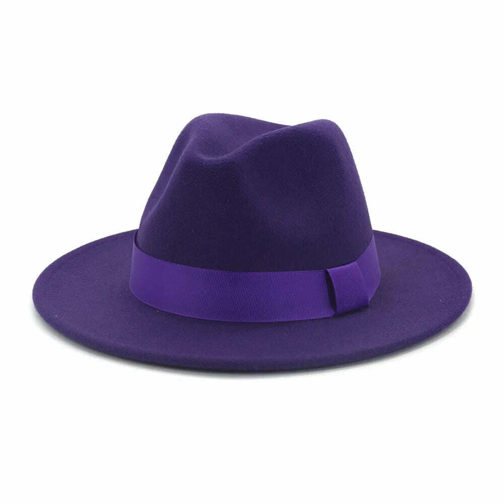 HOAREE Purple Wool Felt Jazz Fedora Hats Men Women Wide Brim Sombrero British Style Trilby Formal Panama Cap Solid Dress Hat - KIMLUD