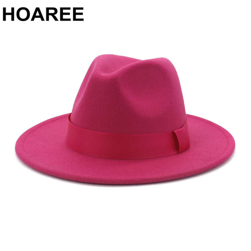 HOAREE Purple Wool Felt Jazz Fedora Hats Men Women Wide Brim Sombrero British Style Trilby Formal Panama Cap Solid Dress Hat - KIMLUD
