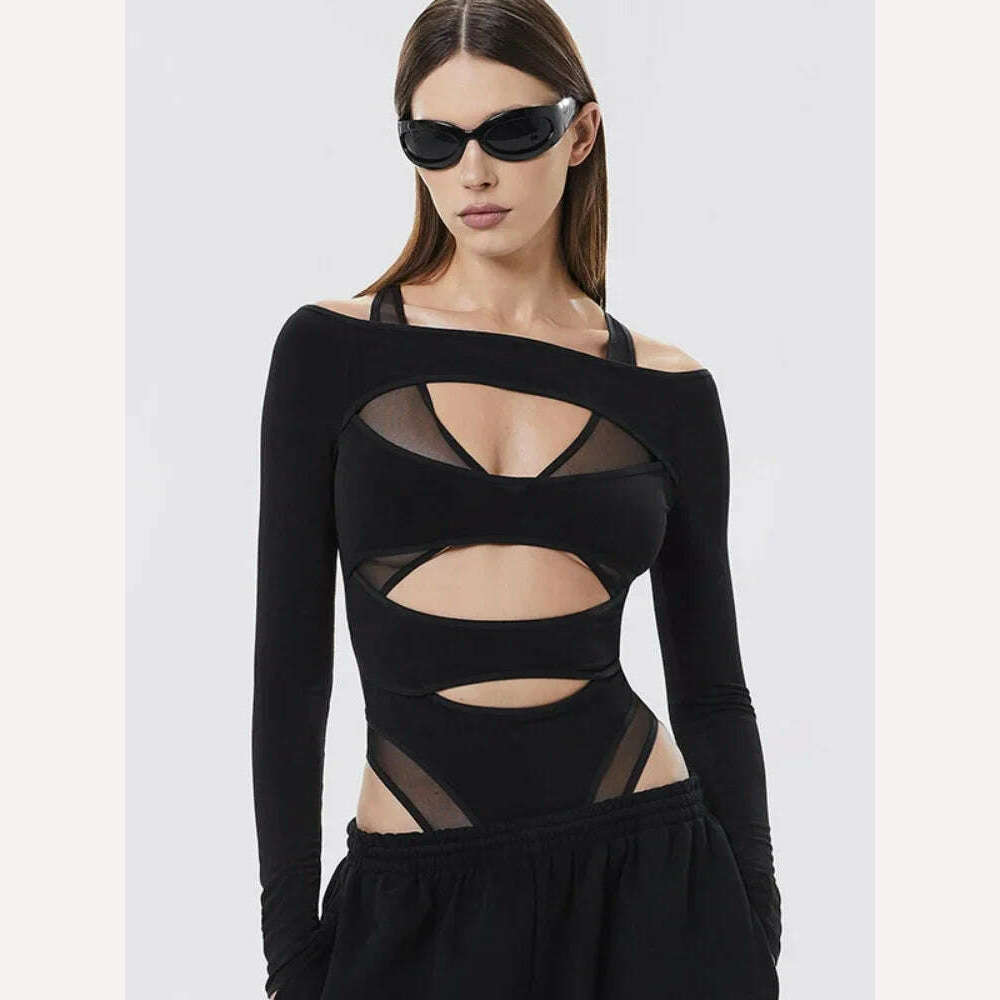 KIMLUD, Hollow Out Bodysuit Black Slim One-Pieces Body Feminino Sexy Corset Top Long Sleeve Bodys Para Mujer De Vestir Autumn Bustier, KIMLUD Womens Clothes