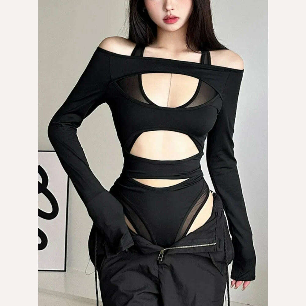 KIMLUD, Hollow Out Bodysuit Black Slim One-Pieces Body Feminino Sexy Corset Top Long Sleeve Bodys Para Mujer De Vestir Autumn Bustier, KIMLUD Womens Clothes