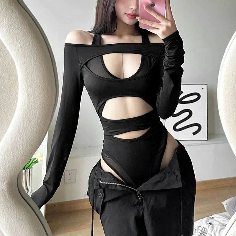 KIMLUD, Hollow Out Bodysuit Black Slim One-Pieces Body Feminino Sexy Corset Top Long Sleeve Bodys Para Mujer De Vestir Autumn Bustier, KIMLUD Womens Clothes