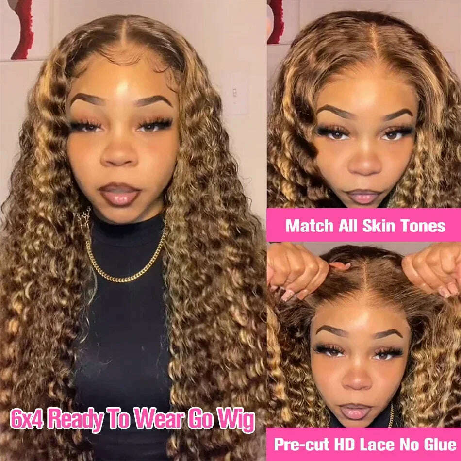 Honey Blonde Deep Water Wave 13x6 HD Lace Frontal Wig Human Hair Wear Go Glueless Highlight Curly Human Hair Wigs 30 32 34 Inch - KIMLUD
