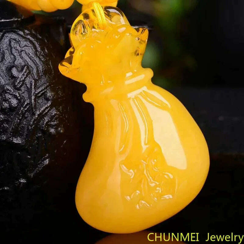 KIMLUD, Honey Wax Money Bag Retro Style Pendant Men's and Women's Chicken Oil Yellow Beeswax Amber Carved Blessing Bag Necklace Pendant, Yellow, KIMLUD APPAREL - Womens Clothes