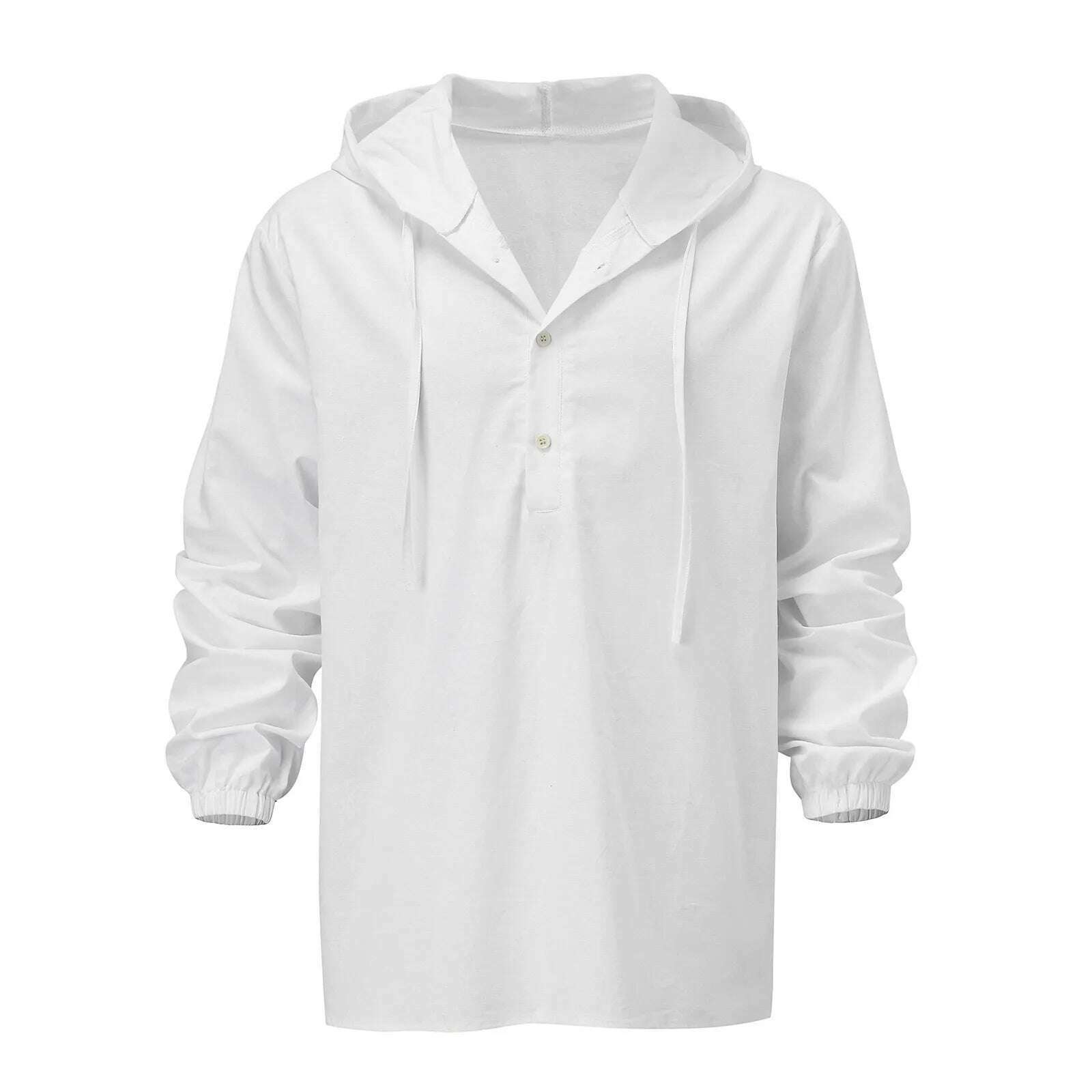 Hooded White Shirt Summer Cotton Linen Blouse long sleeve Solid Color Button Blouse Travel Work Style Male Breathable Slim Tops - KIMLUD