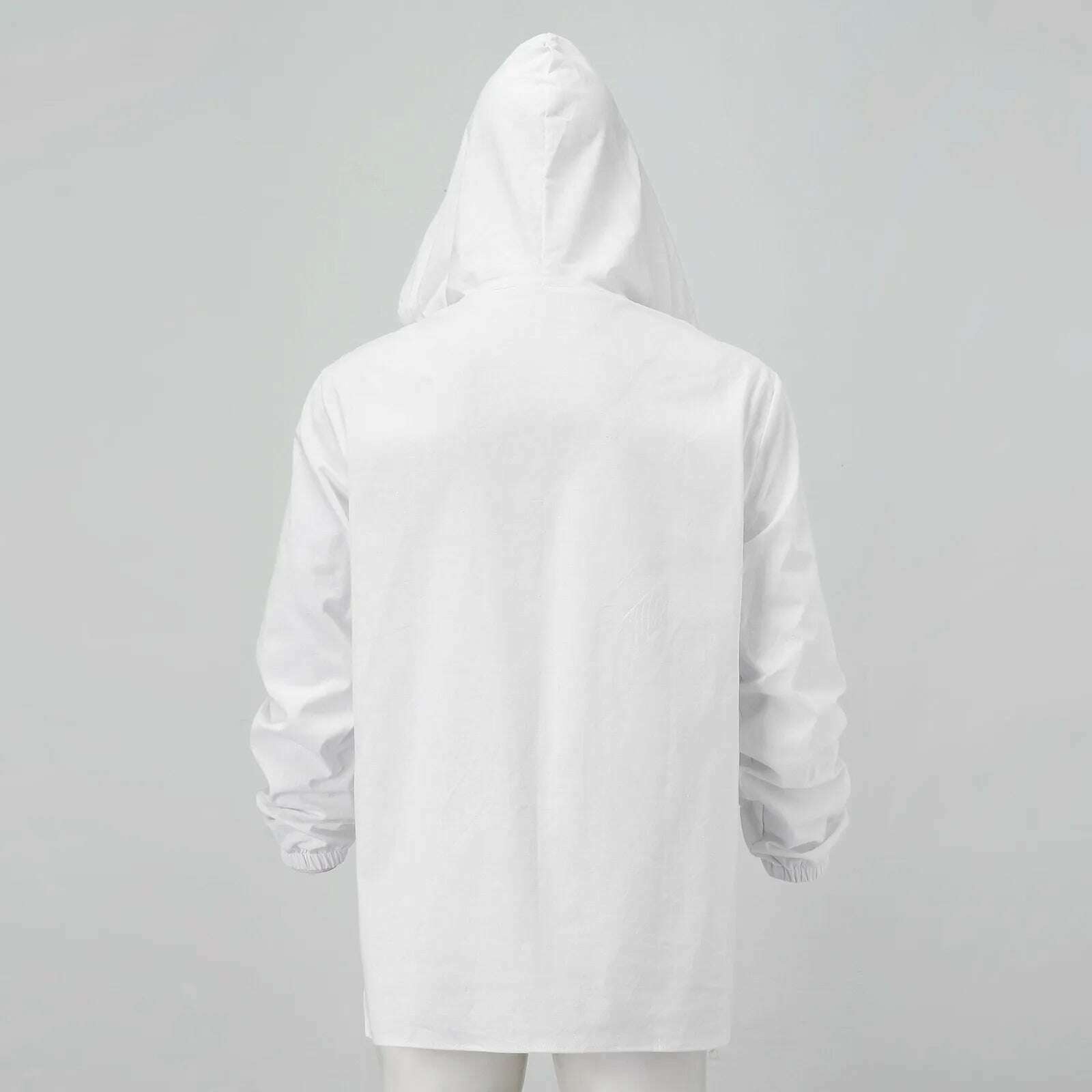 Hooded White Shirt Summer Cotton Linen Blouse long sleeve Solid Color Button Blouse Travel Work Style Male Breathable Slim Tops - KIMLUD