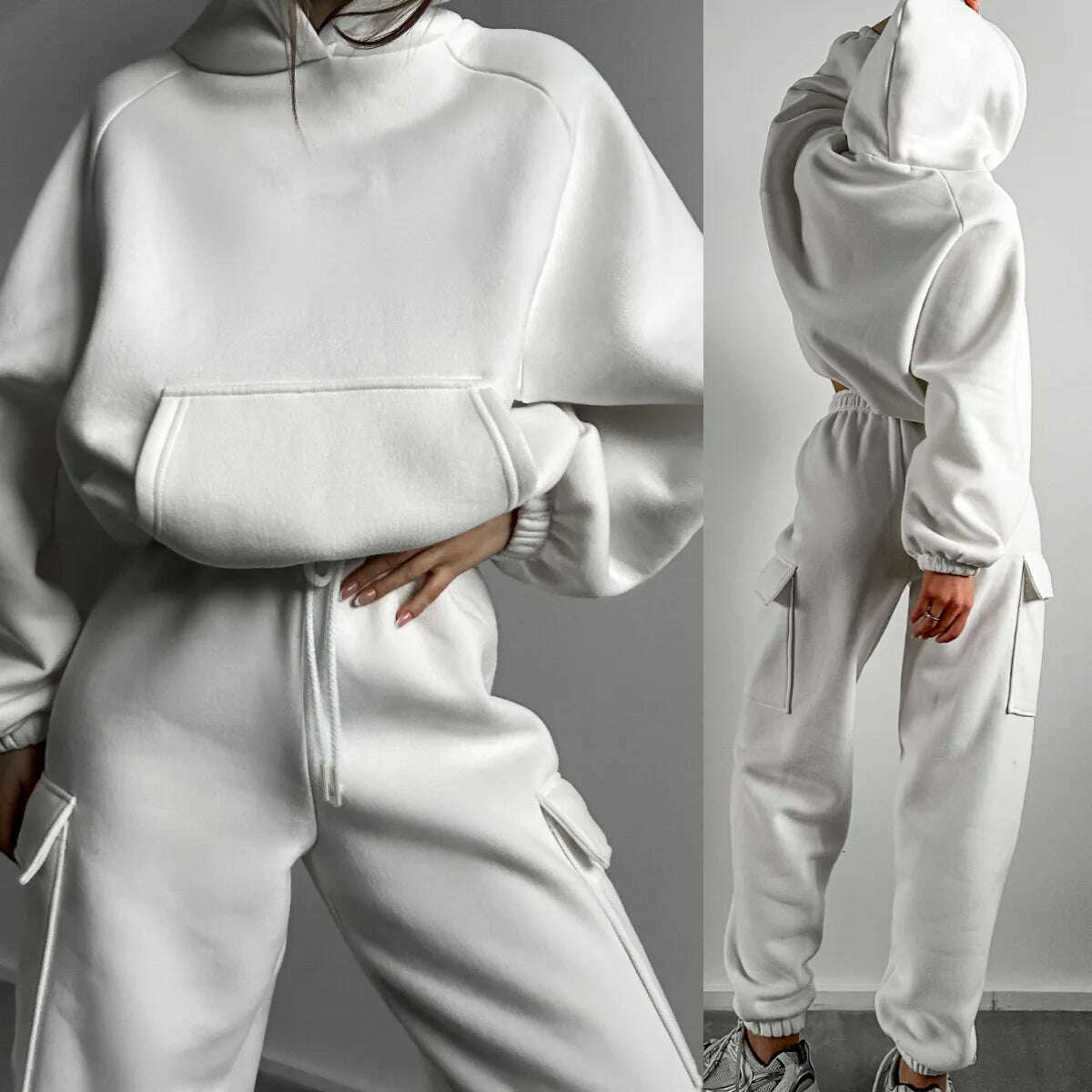 Hoodies Suit Winter Autumn Solid Casual Tracksuit Women Fleece 2 Pieces Set Sports Sweatshirts Pullover Jogger Sweatpants Outfit - KIMLUD
