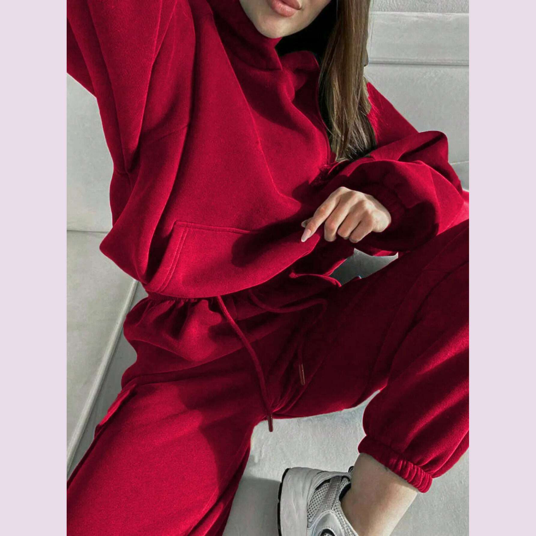 Hoodies Suit Winter Autumn Solid Casual Tracksuit Women Fleece 2 Pieces Set Sports Sweatshirts Pullover Jogger Sweatpants Outfit - KIMLUD
