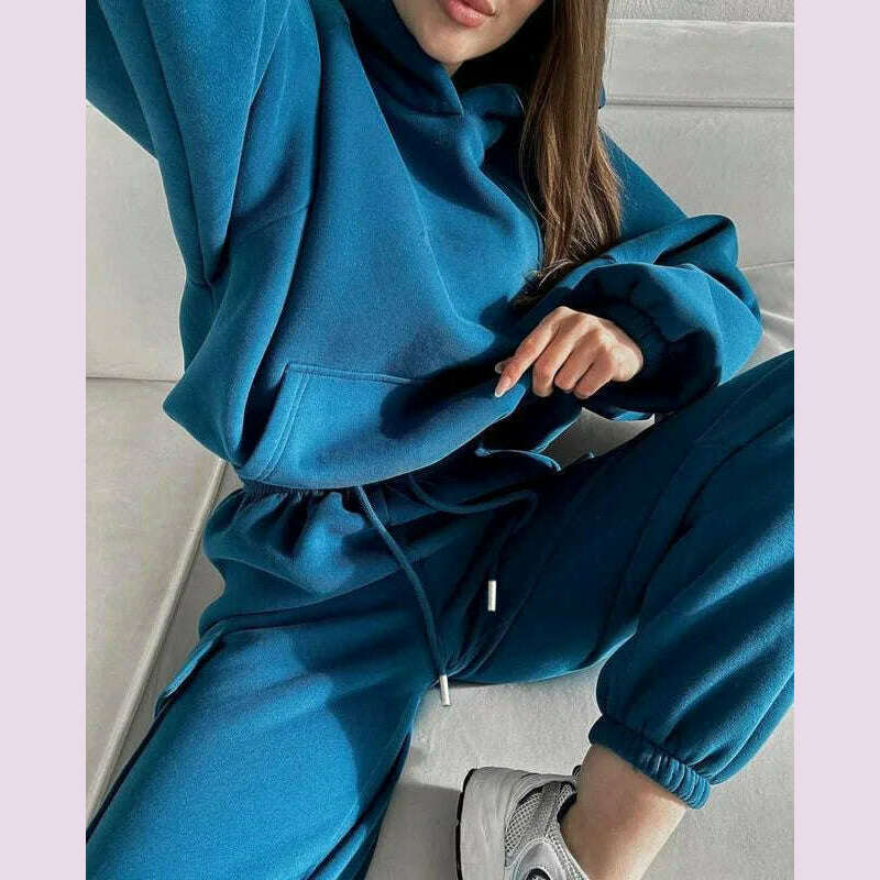Hoodies Suit Winter Autumn Solid Casual Tracksuit Women Fleece 2 Pieces Set Sports Sweatshirts Pullover Jogger Sweatpants Outfit - KIMLUD