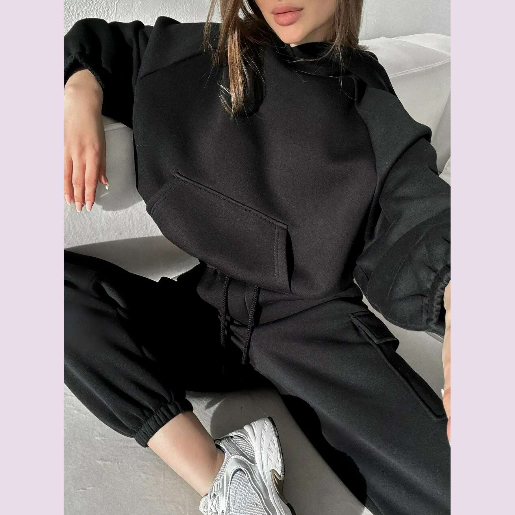 Hoodies Suit Winter Autumn Solid Casual Tracksuit Women Fleece 2 Pieces Set Sports Sweatshirts Pullover Jogger Sweatpants Outfit - KIMLUD