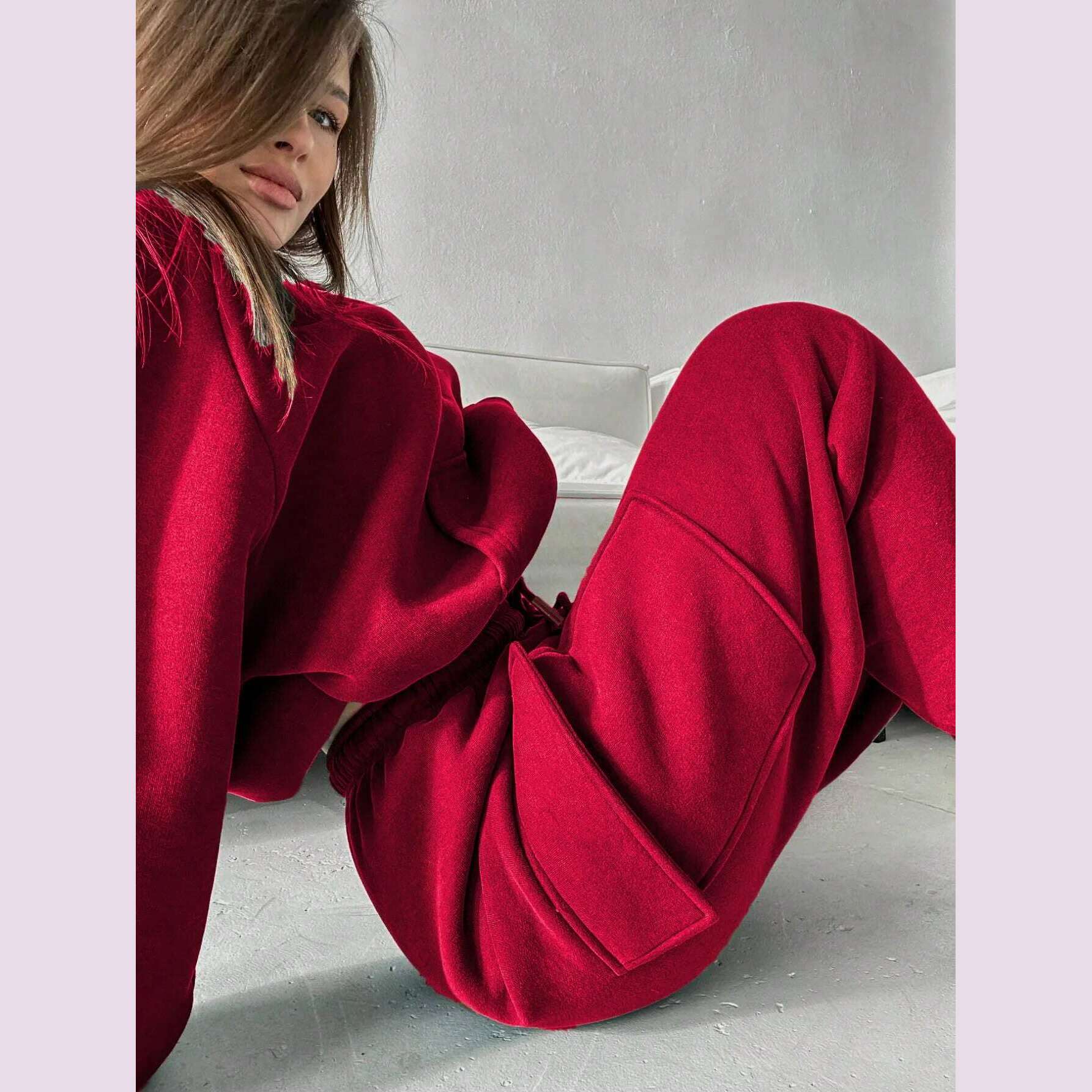 Hoodies Suit Winter Autumn Solid Casual Tracksuit Women Fleece 2 Pieces Set Sports Sweatshirts Pullover Jogger Sweatpants Outfit - KIMLUD