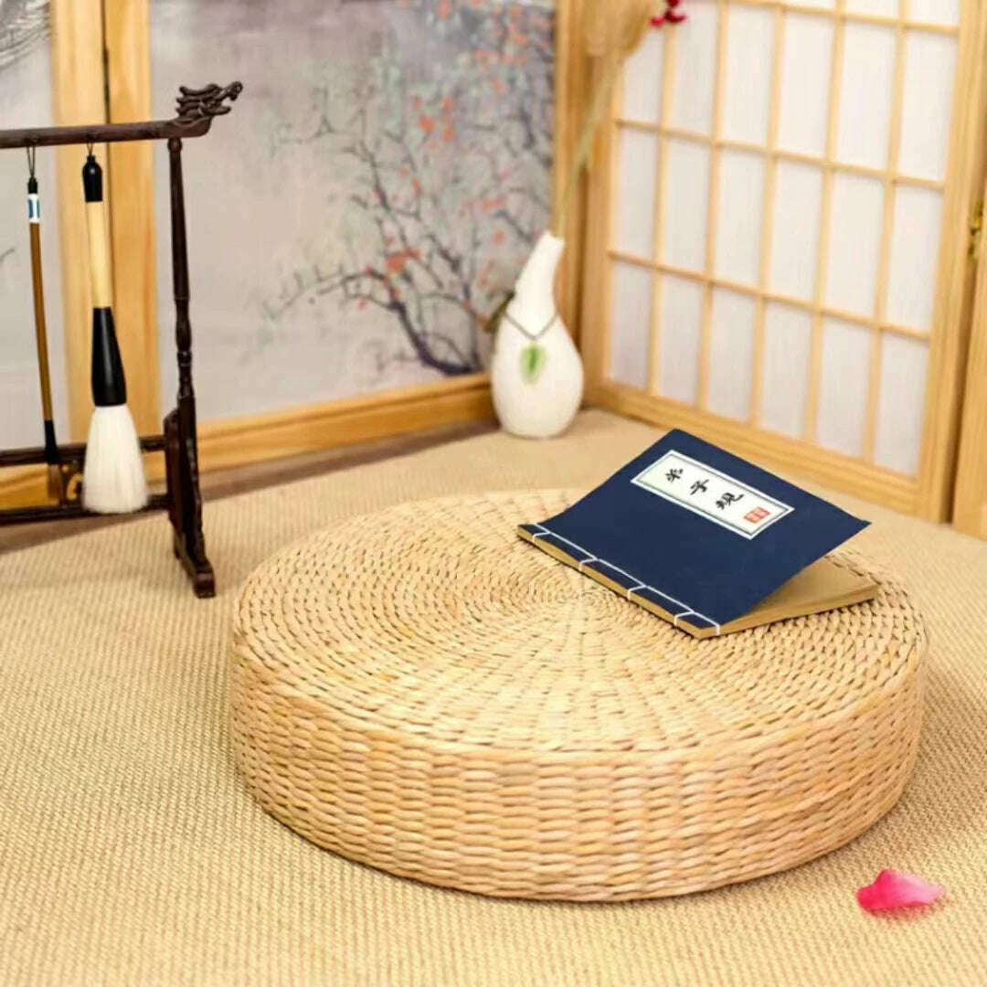 Hot 40cm*40cm Handmade Woven Natural Straw Round Pouf Tatami Cushion Floor Japanese Style Cushion Home Textile - KIMLUD