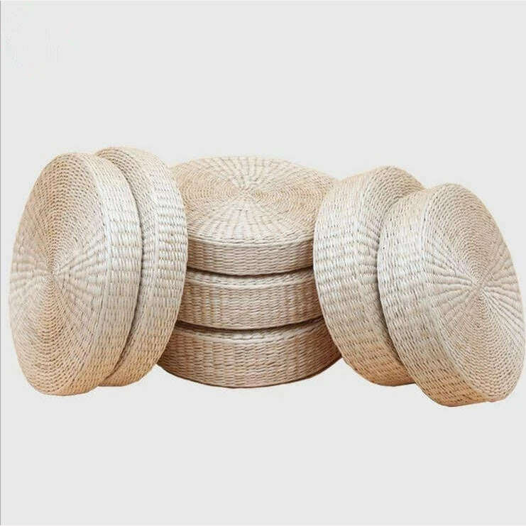Hot 40cm*40cm Handmade Woven Natural Straw Round Pouf Tatami Cushion Floor Japanese Style Cushion Home Textile - KIMLUD