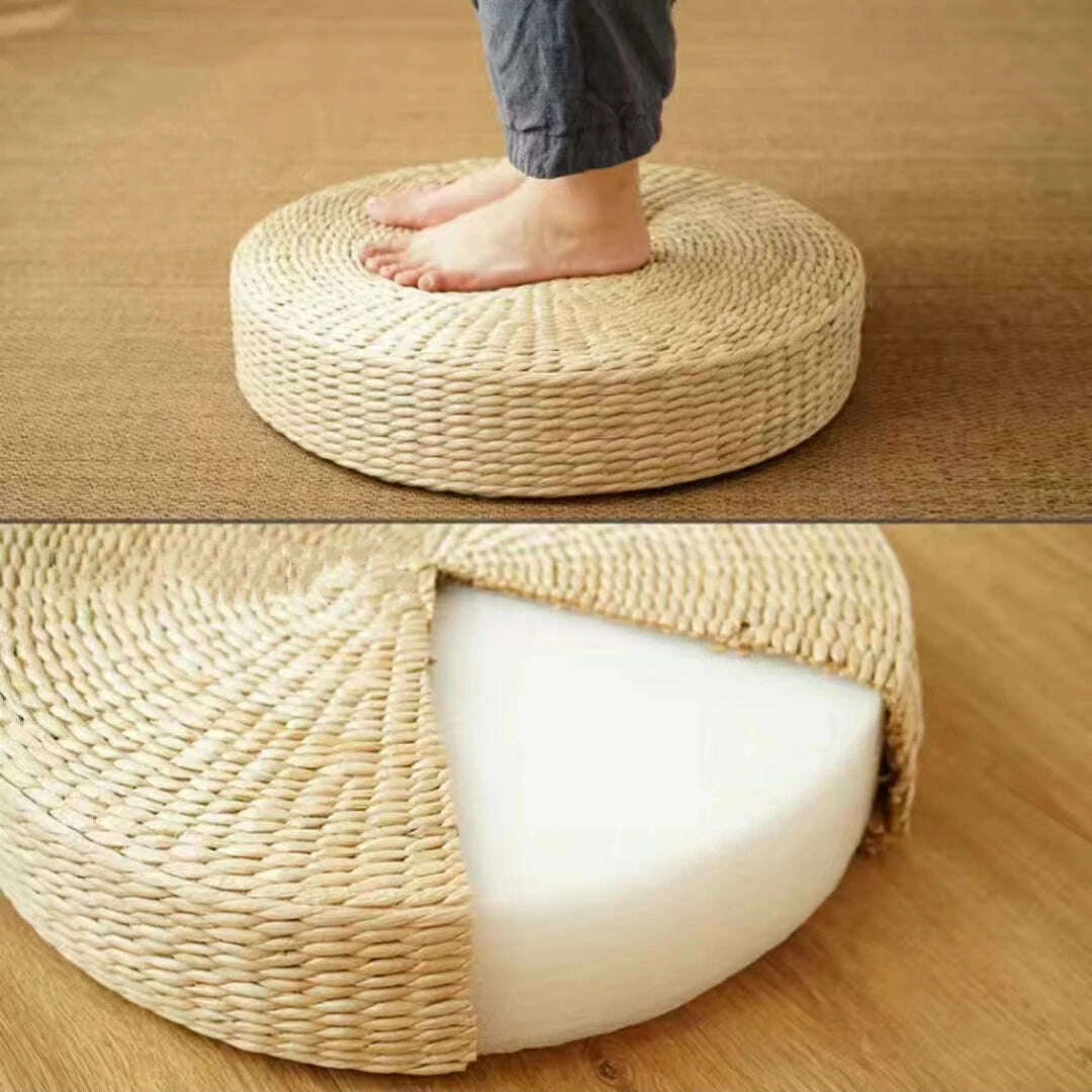 Hot 40cm*40cm Handmade Woven Natural Straw Round Pouf Tatami Cushion Floor Japanese Style Cushion Home Textile - KIMLUD