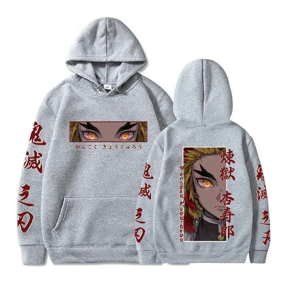 KIMLUD, Hot Anime Demon Slayer Hooded Rengoku Kyoujurou Eyes Graphic Print Autumn Winter Men Women Casual Sweatshirt Plus Size Hoodie, KIMLUD Womens Clothes