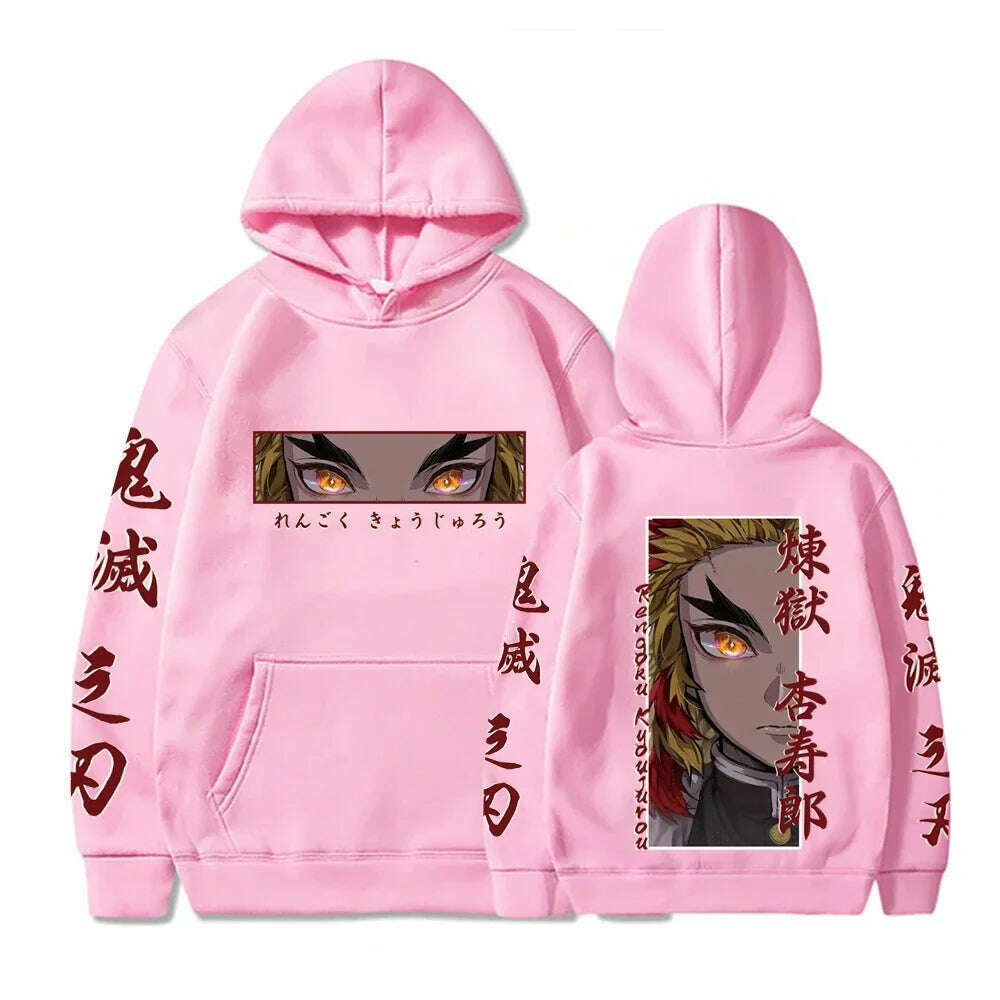 KIMLUD, Hot Anime Demon Slayer Hooded Rengoku Kyoujurou Eyes Graphic Print Autumn Winter Men Women Casual Sweatshirt Plus Size Hoodie, Pink / L, KIMLUD APPAREL - Womens Clothes