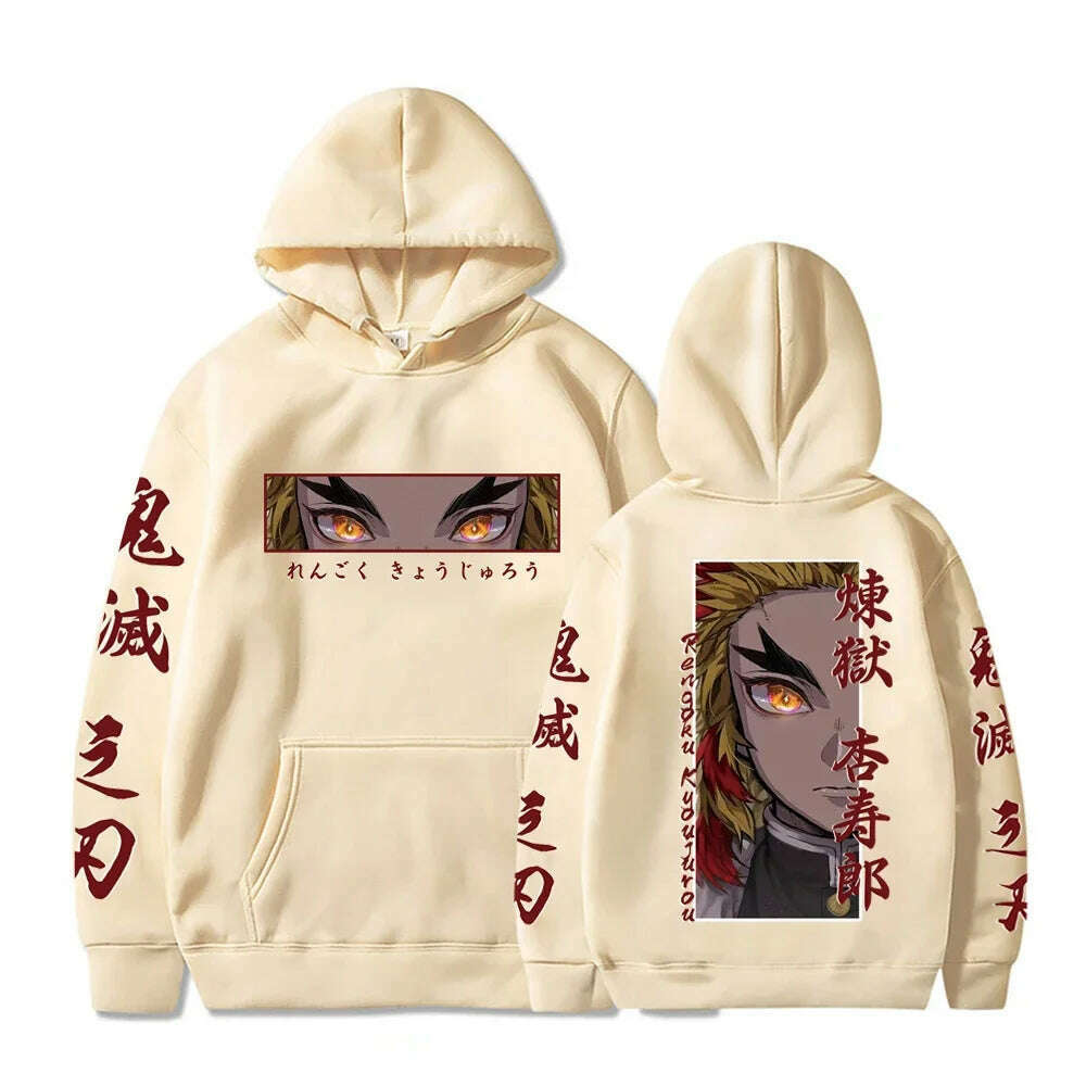KIMLUD, Hot Anime Demon Slayer Hooded Rengoku Kyoujurou Eyes Graphic Print Autumn Winter Men Women Casual Sweatshirt Plus Size Hoodie, Khaki / L, KIMLUD APPAREL - Womens Clothes