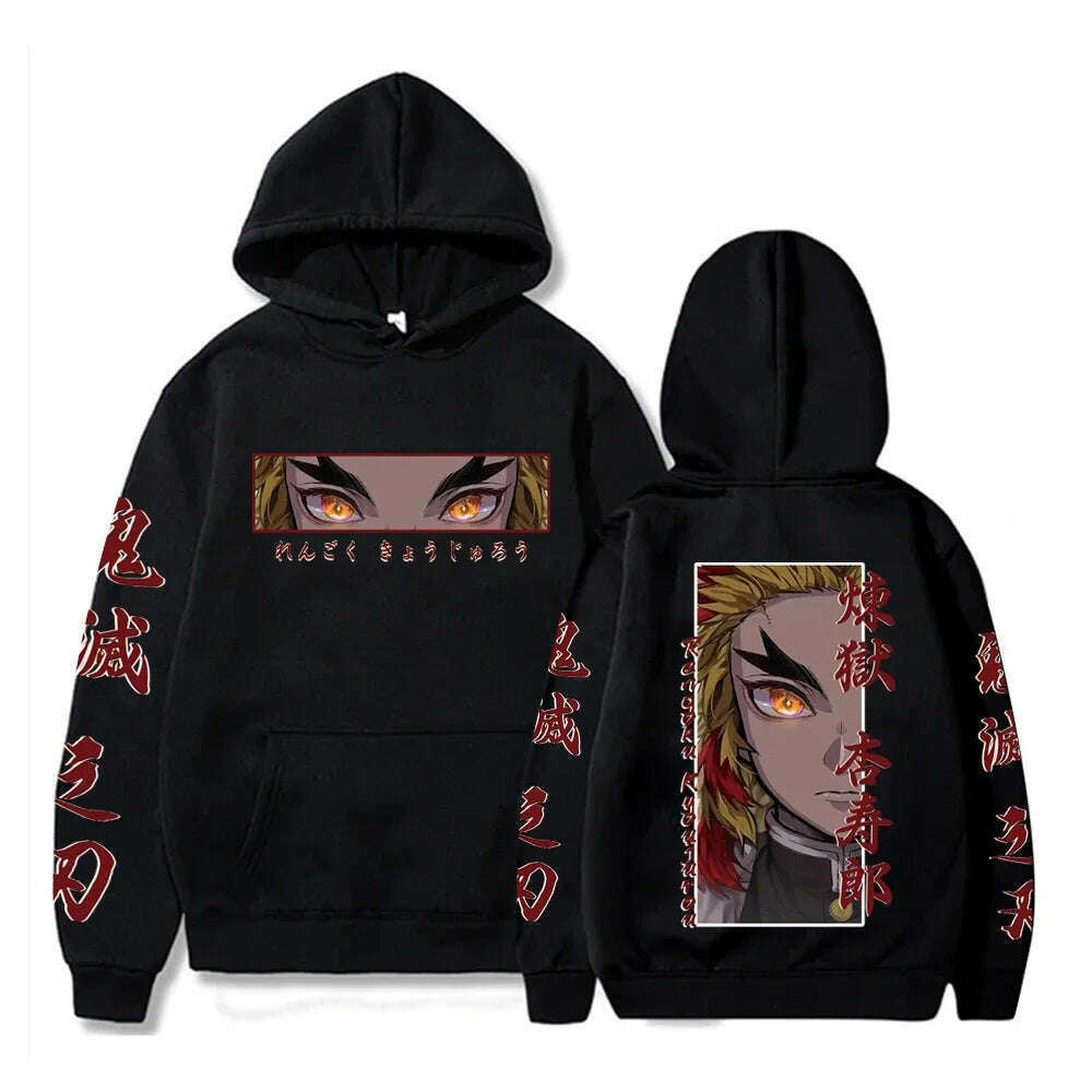 KIMLUD, Hot Anime Demon Slayer Hooded Rengoku Kyoujurou Eyes Graphic Print Autumn Winter Men Women Casual Sweatshirt Plus Size Hoodie, black / L, KIMLUD APPAREL - Womens Clothes