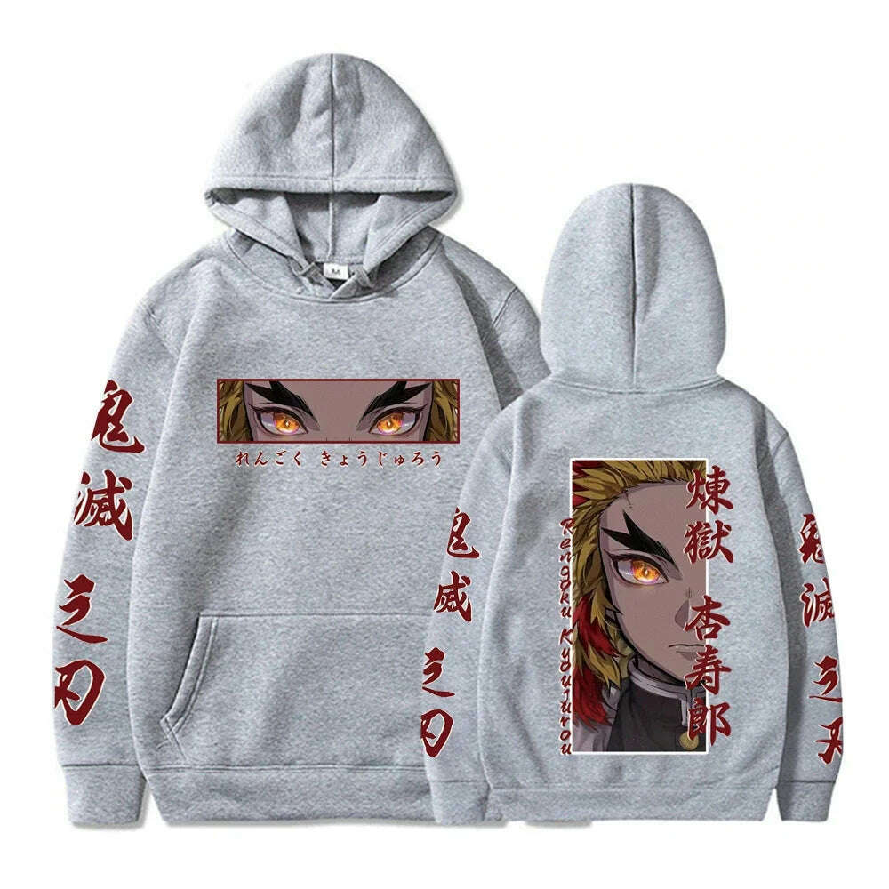KIMLUD, Hot Anime Demon Slayer Hooded Rengoku Kyoujurou Eyes Graphic Print Autumn Winter Men Women Casual Sweatshirt Plus Size Hoodie, gray / XXL, KIMLUD APPAREL - Womens Clothes