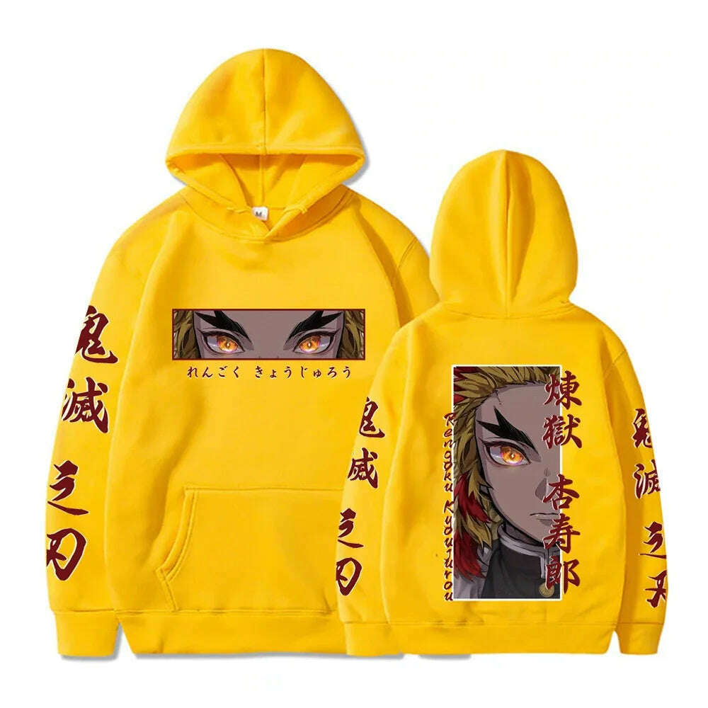 KIMLUD, Hot Anime Demon Slayer Hooded Rengoku Kyoujurou Eyes Graphic Print Autumn Winter Men Women Casual Sweatshirt Plus Size Hoodie, Yellow / M, KIMLUD APPAREL - Womens Clothes