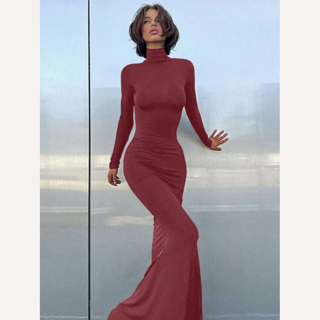 KIMLUD, Hot Elegant Turtleneck Long Maxi Dresses for Women Fashion Streetwear Office Lady High Waist Long Sleeve Slim Fit Evening Dress, KIMLUD Women's Clothes